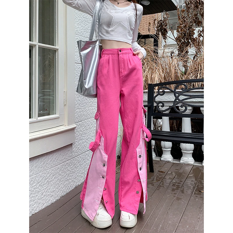 SweetHotGirlPinkPatchworkJeansforWomensAutumnVersatileHigh