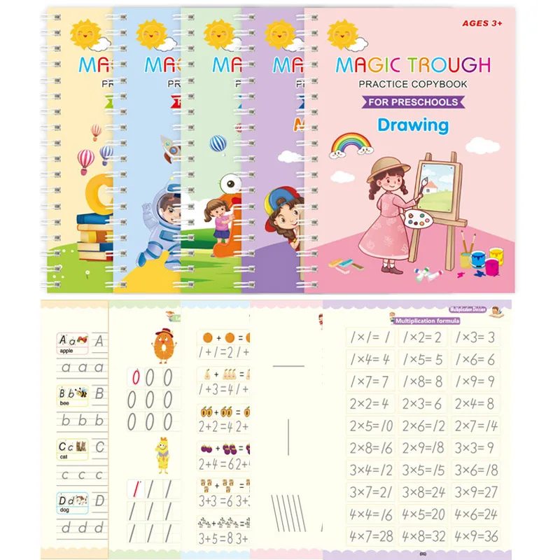 

5 Books/set Children's Reusable Exercise Book Magic Calligraphy Number Letterspainting Multiplication and Division Exercise Math