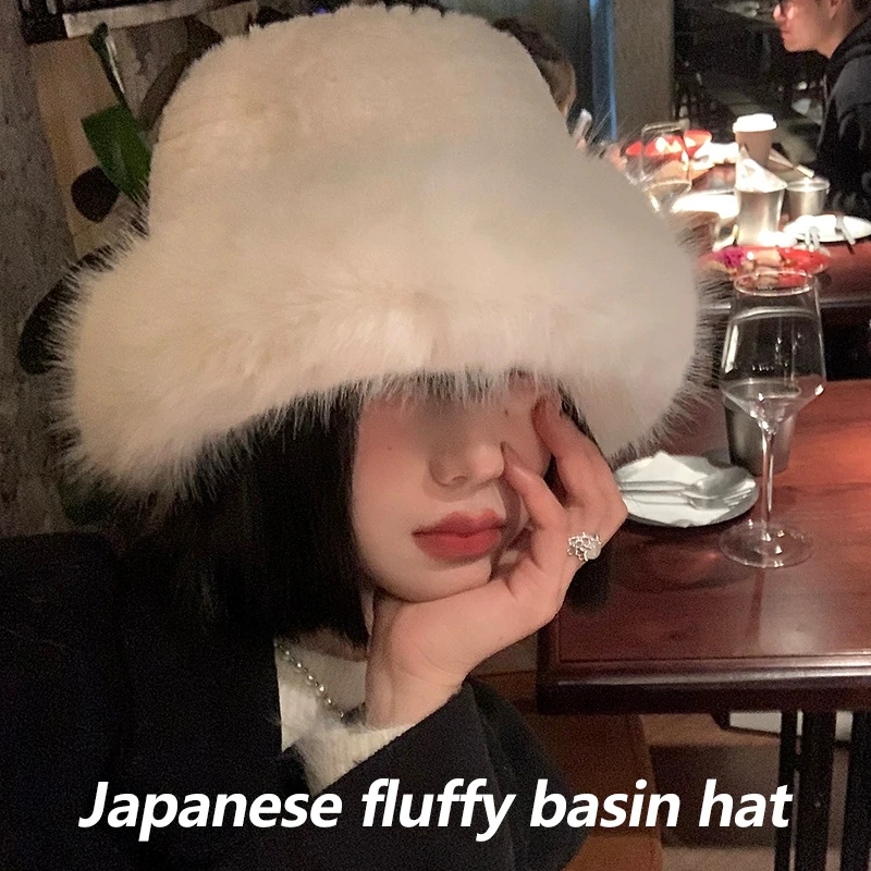 

Soft Plush Fisherman Hats Women Y2k Winter Warm Velvet Bucket Panama Caps Outdoor Windproof Fluffy Fur Thicken Casual Beanie Cap