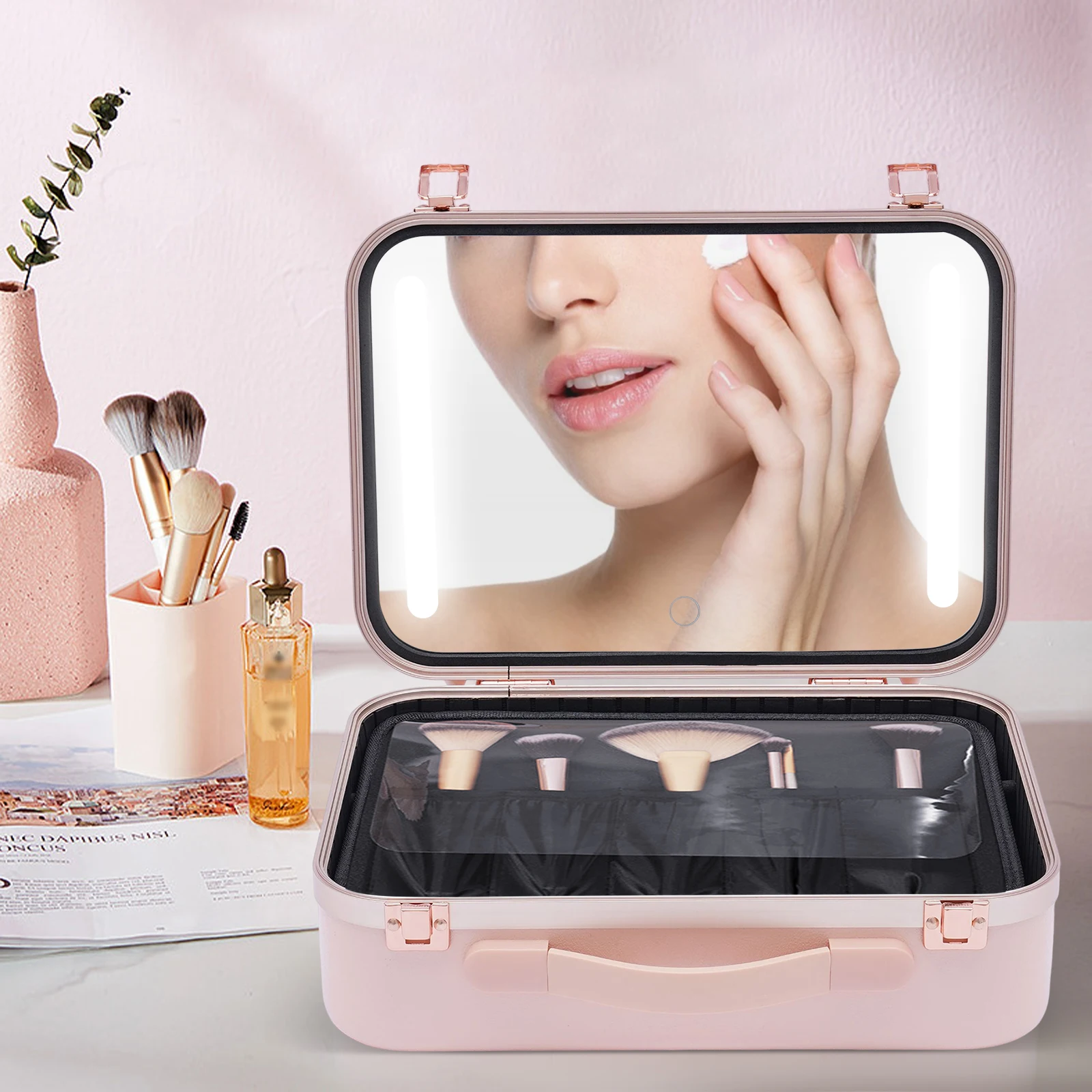 

Make-up Train Case Cosmetic Organizer Box Makeup Case with Lights and Mirror Customized Dividers