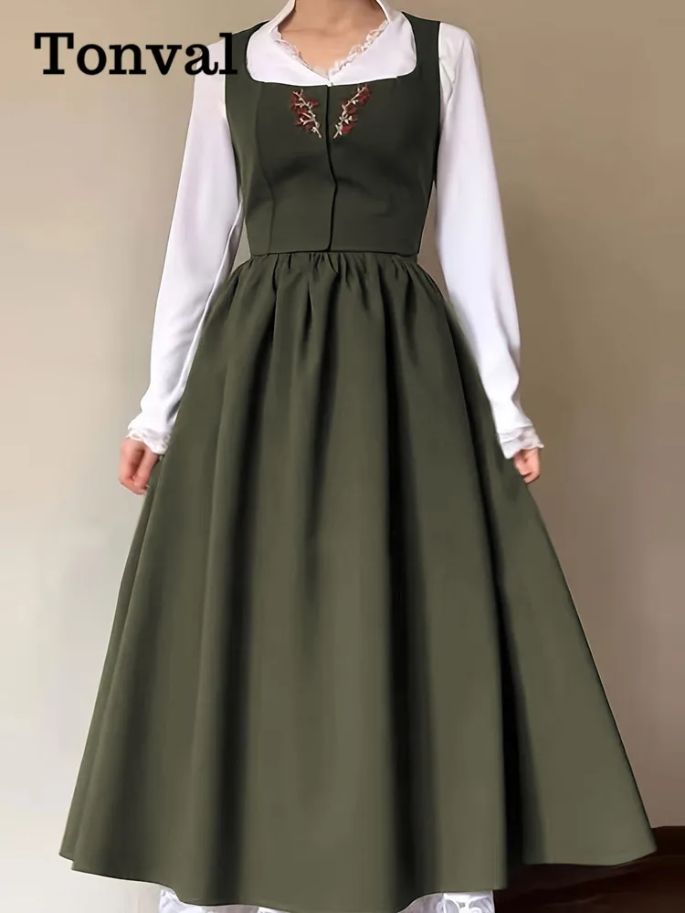 

Женское Плиссированное Платье-миди Tonval, длинное зеленое платье без рукавов с цветочной вышивкой и квадратным вырезом в винтажном стиле