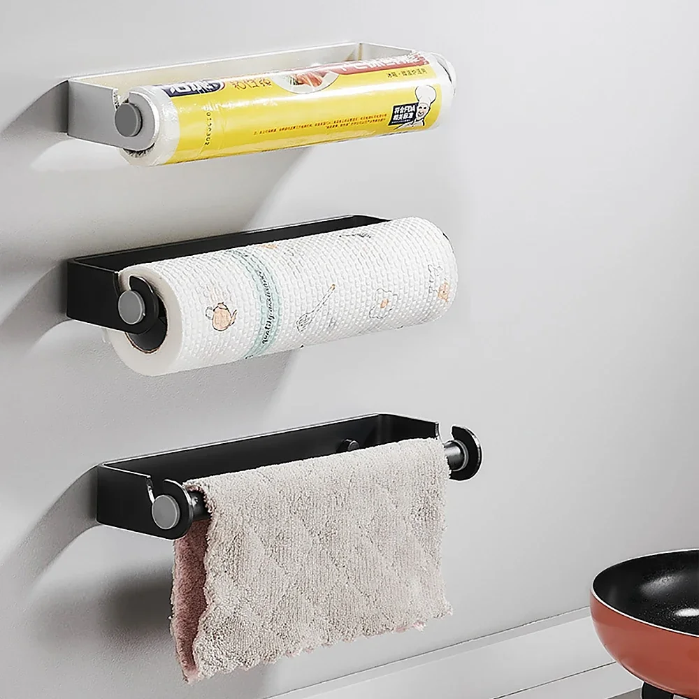 Paper Towel Holder Roll Paper Holder Black Aluminum Cling Film Towel Rack Kitchen Accessories Toliet Tissue Hanger Wall Organizer Storage Shelf
