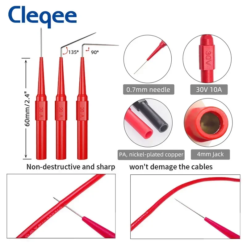 Cleqee P5007 Pro Back Probe Kit Test Probes With 4mm Socket 3 Types Wire Piercing Needles Acupuncture Car Tool Kit 30V 15PCS