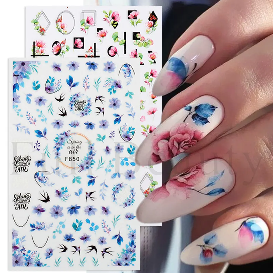 Spring Flower Nail Stickers Slider 3D Blue Leaves Daisy Bird Manicure Decal Watercolor Floral Design Nail Decoration NLF844-853