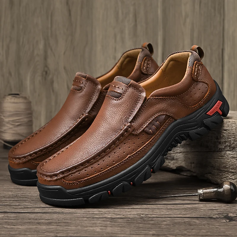 Men's Leather Outdoor Loafers Handmade Dad Shoes Breathable