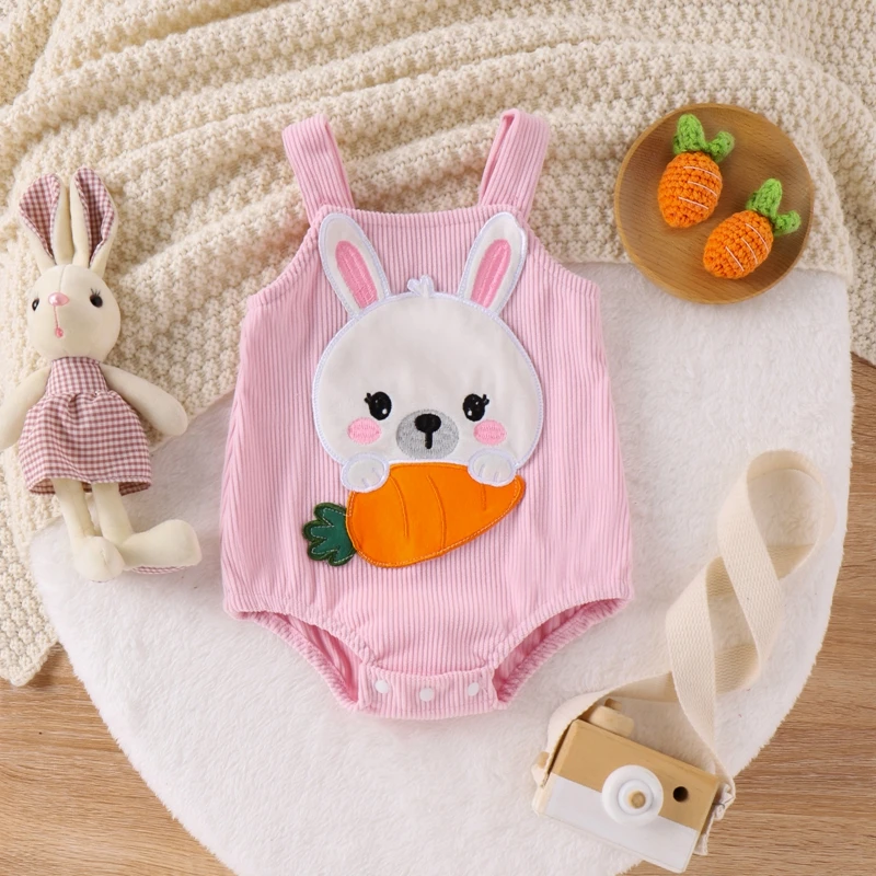 

Newborn Baby Girl Overalls Romper Easter Outfit Summer Casual Sleeveless Cartoon Bunny Carrot Embroidery Jumpsuit