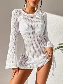 Women's New Spring, Summer and Autumn Cut Out Crochet Side Drawstring Blouse Dress (Bikini Not Included) 1