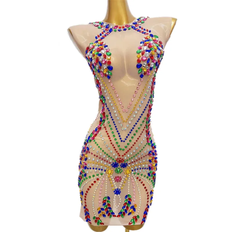 

Sexy Transparent Sleeveless Mesh Rhinestones Dress Women Singer Stage Performance Model Catwalk Dance Costume Crystal Clothing