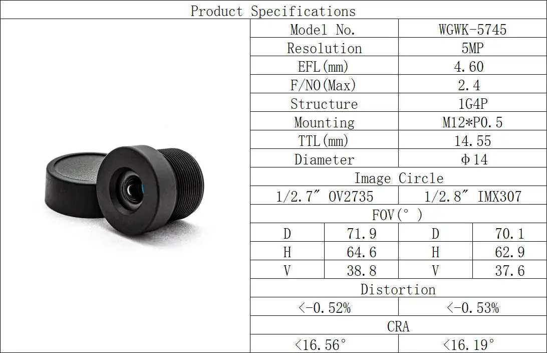 5MP HD No Distortion CCTV Lens M12 Mount 4.6mm Focal Length F2.4 Aperture 1/2.7"