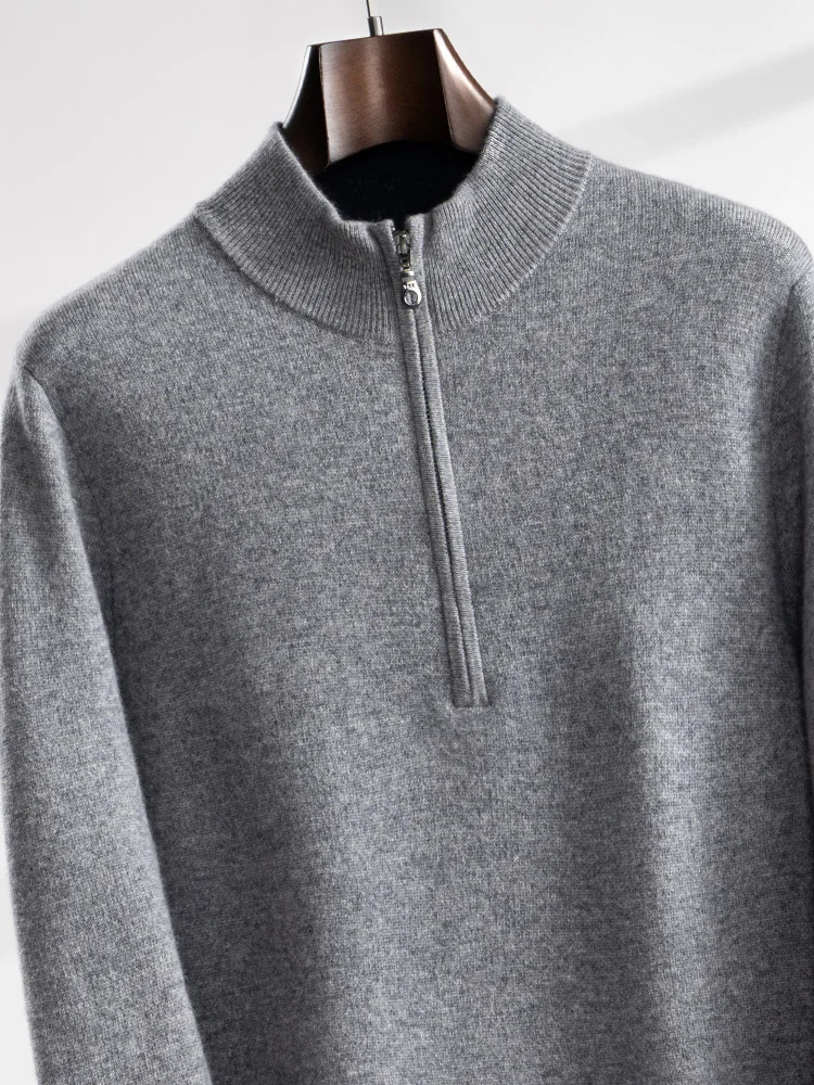 Men's 100% Cashmere Sweater Zipper Pullover Mock Neck Long Sleeve Air Layer Thickened Cashmere Knitwear Autumn Winter Clothing 5