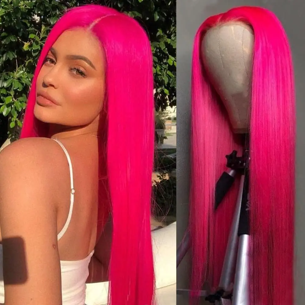 RDY Hot Pink Lace Front Wig Long Straight Hair Frontal Rose Red Synthetic Lace Wigs for Women Daily Glueless Natural Hairline
