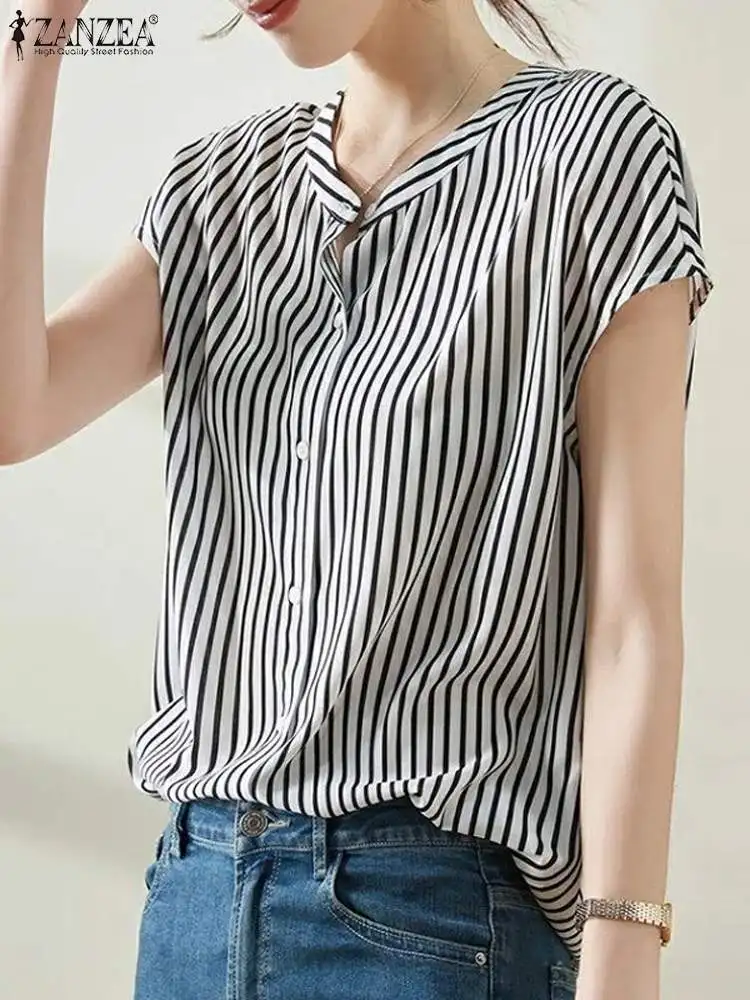 

Women Elegant Short Sleeve Work Blouse ZANZEA Summer Office Striped Shirt Female Tunic Tops Buttons Down Blusas Casual Chemise