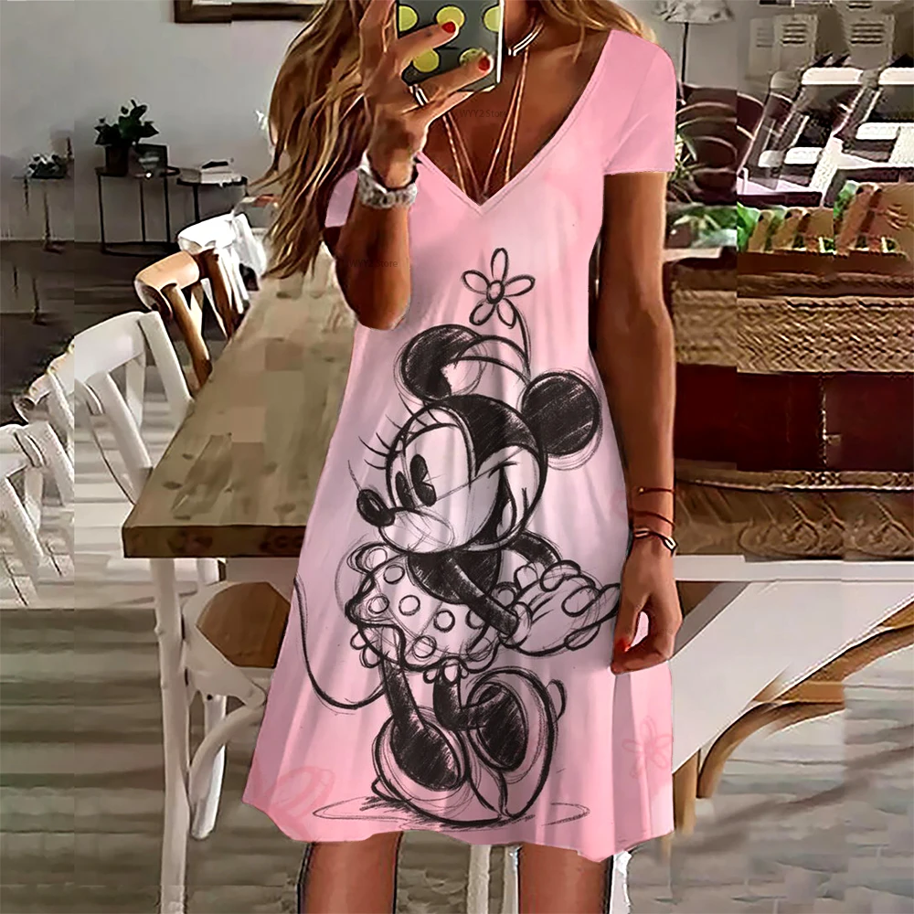 Vintage para mujer, vestidos dibujos de Disney, Mickey/Minnie Mouse, vestidos elegantes bohemios para mujer, Tops estampados con cuello en V 2022 - AliExpress