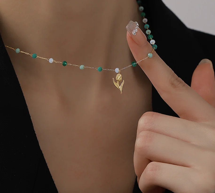 Simple tulip pendant imitation crystal titanium steel necklaces for women 2023 fashion jewelry