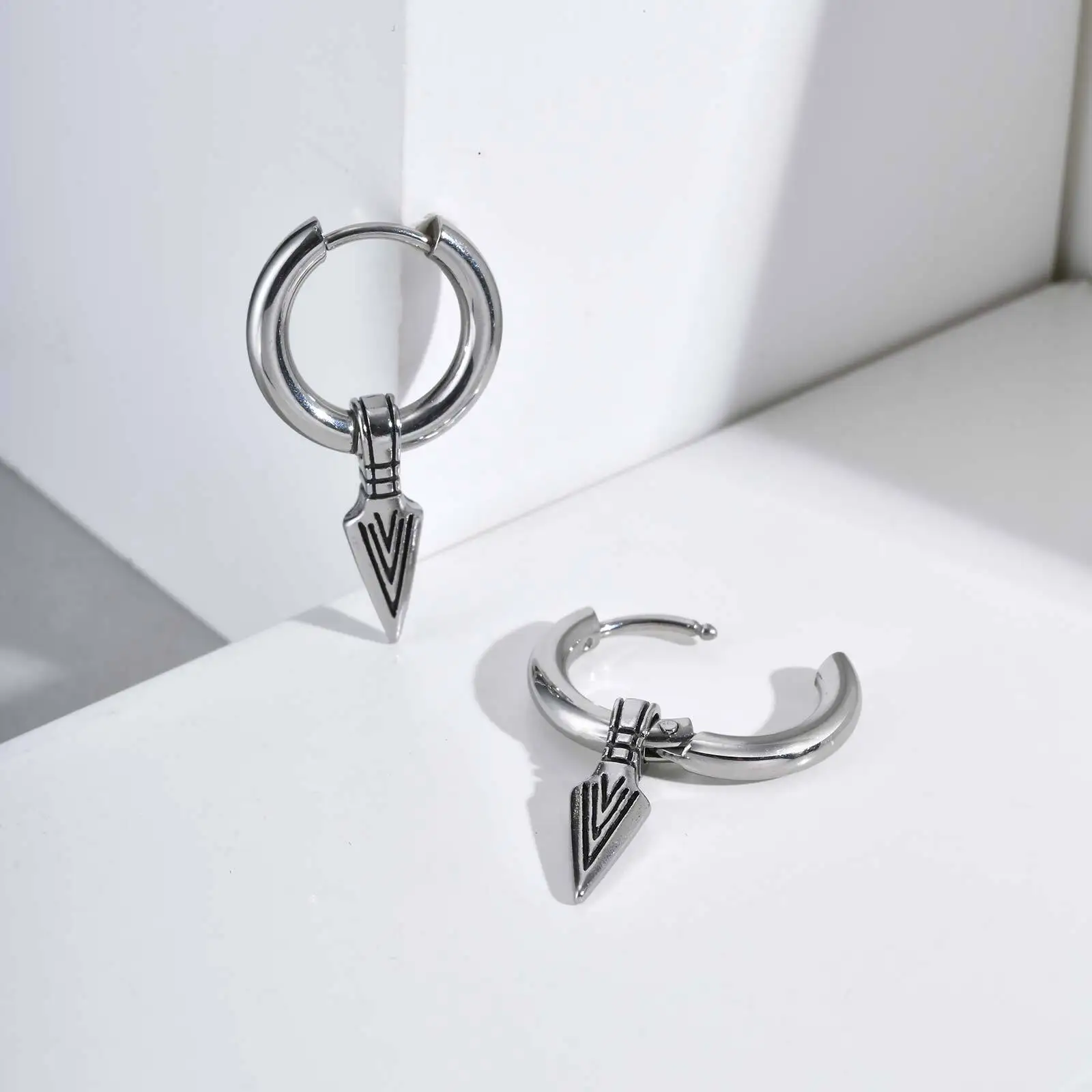 Punk Spear Hoop Earrings for Men Boys,Stainlesss Steel Triangular Pointed Huggies Earring,Anti Allergy Earring