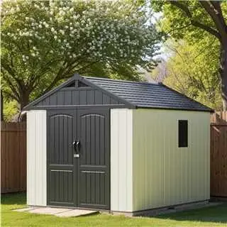 8 x 10 FT Resin Outdoor Storage Shed with Floor and Light, Large Plastic Barn with Lockable Door for Garden Tools, Backyard