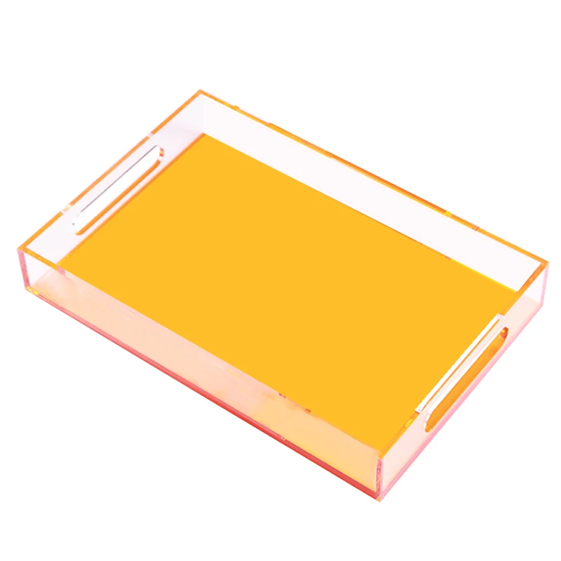 

11.42x 8.27x1.65inch Orangle Clear Counter Kitchen Spill-Proof Acrylic Lucite Rectangular Decorative Serving Tray With Handles