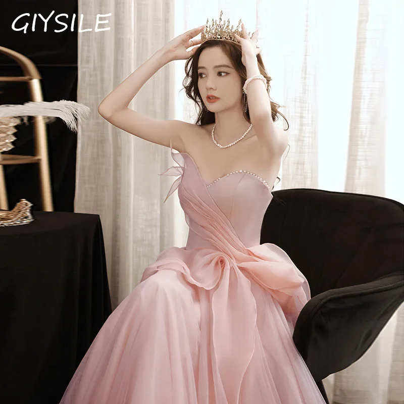 Pink Evening Dress Tube Top Pearl Decoration Sweet and Cute