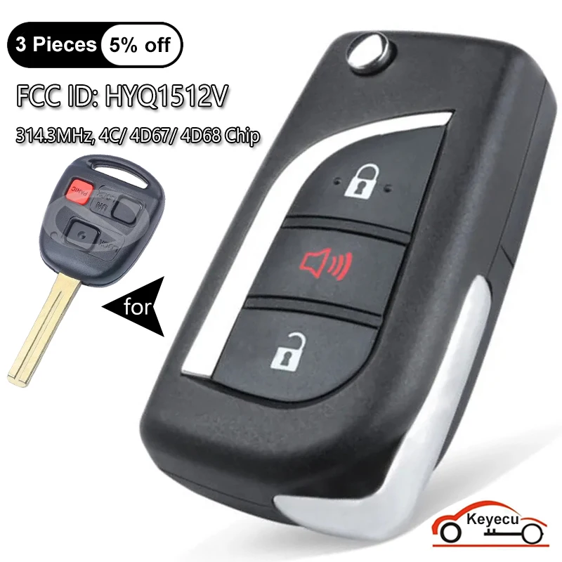 

KEYECU 3 Buttons 314.3MHz 4C / 4D67 / 4D68 Chip for Lexus GX470 2003-2009 LX470 1998-2007 Upgraded Flip Remote Key Fob HYQ1512V