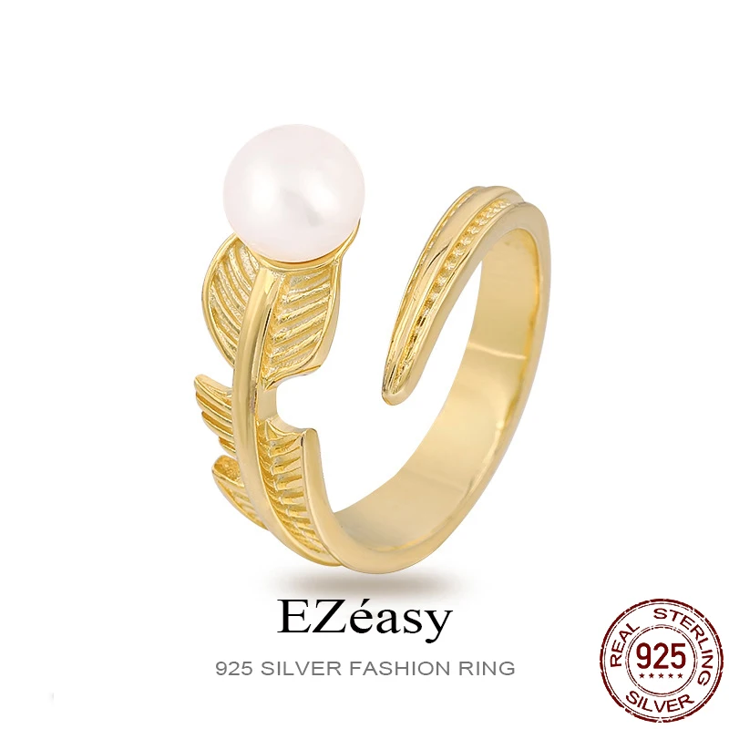 

EZeasy 925 Sterling Silver Luxury Fine Rings Fresh Water Pearl Feather For Women High Quality Wedding Design Jewelry Gift 2023