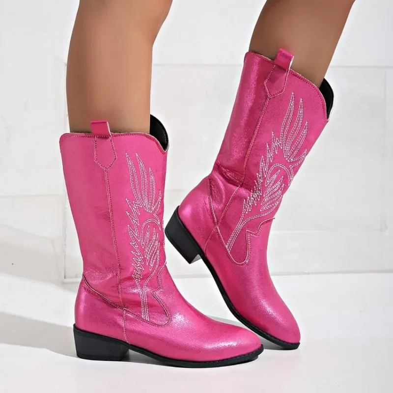 

2023 Autumn Winter Embroidery Pink Women Mid-calf Boots Pointed Toe Outdoors Western Woman Plus Size Slip on Cowboy Boots