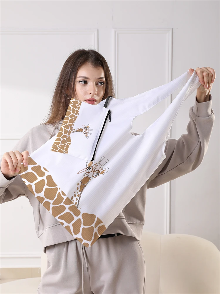 Ladies' Foldable Cartoon Giraffe Pattern Large Shopping Bag Foldable Storage Reusable Easy to Carry Capacity Handbag