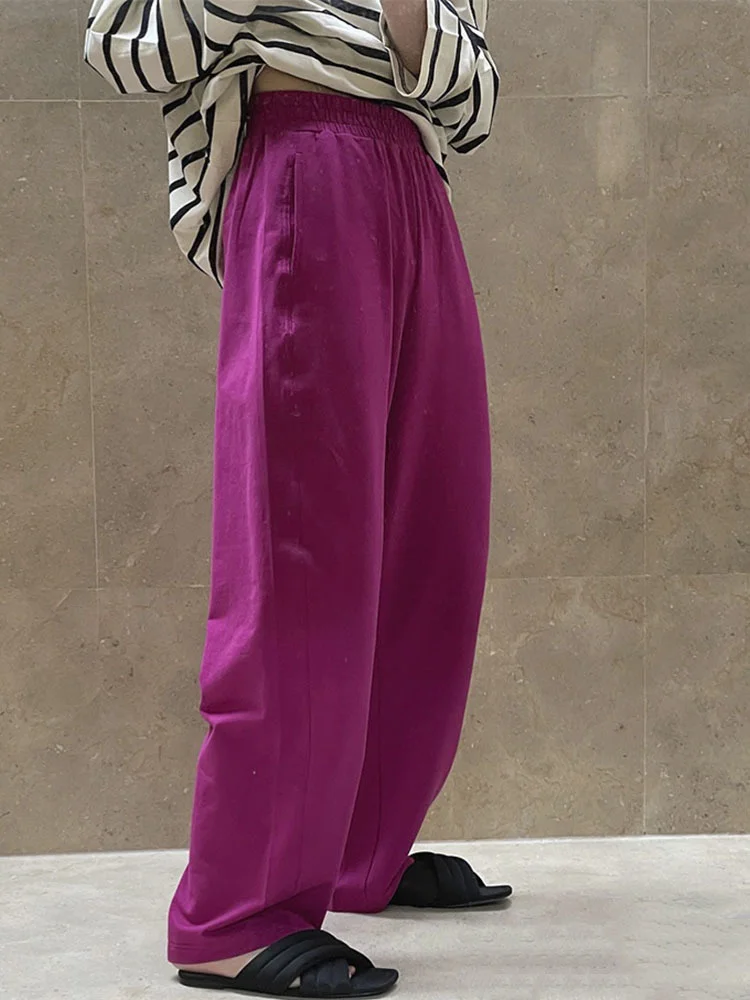 

Solid Color Straight Wide Leg Pants Elastic Waist Loose Pocket Decoration Slim Fit 2022 Summer Female New Trousers B345