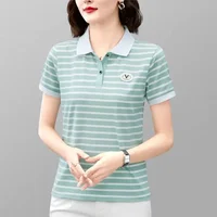 Yellow Striped Short Sleeve Tee T-shirt Woman Black White Polo Neck Shirts for Women Clothing Tops High Quality Polyester Trend - Image 4