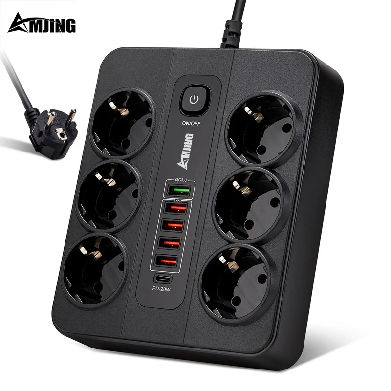 

EU standard power strip with USB 3000W 10A 250V 2m cable overload protection extension socket