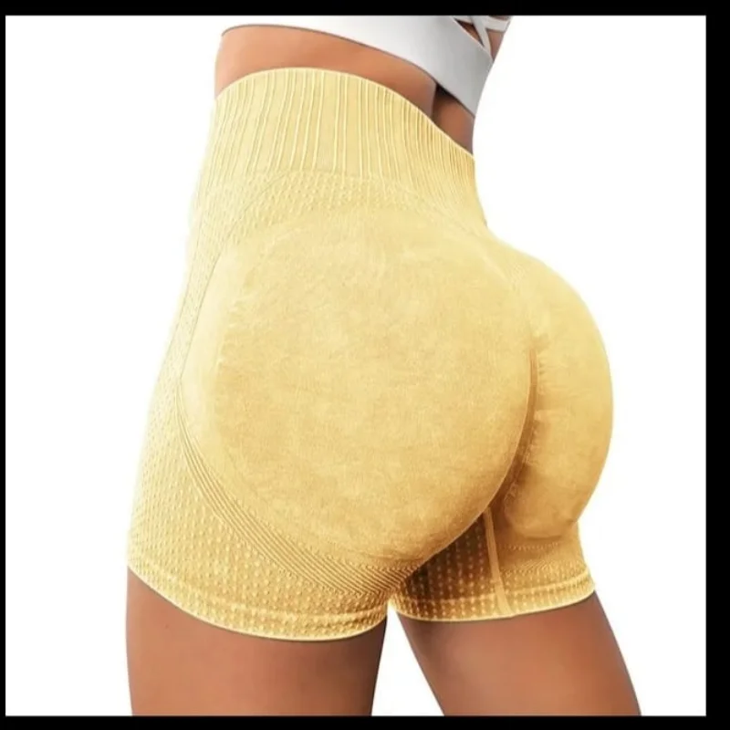 Summer European American Style Water Wash Frosted Yoga Shorts Solid Peach Hip Sport Fitness Elastic High Waist Tight Short Pants