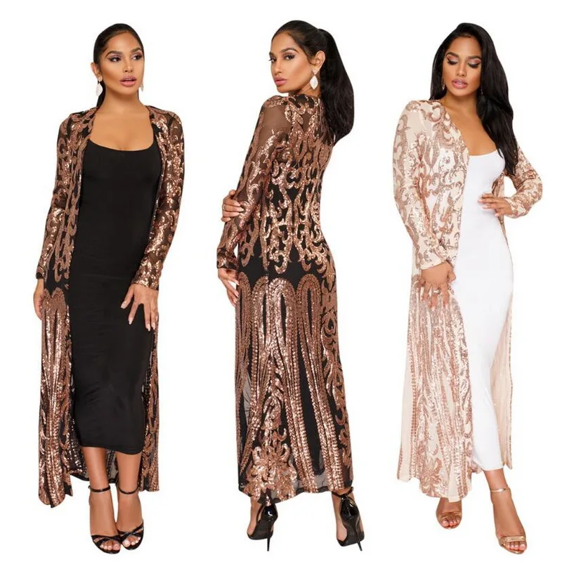 

Women Dress Coat Sexy Sequin Perspective Long Sleeve Maxi Coat Gown Cardigan Long Cardigan Elegant Casual Women Full Sleeve 2022