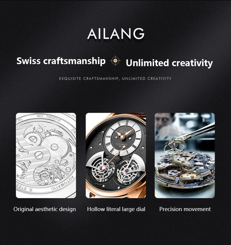 AILANG 2025, Doppelspendel, hohl, Tourbillon, automatische mechanische Herrenuhr, tief wasserdichte Lederuhr – Detail 2