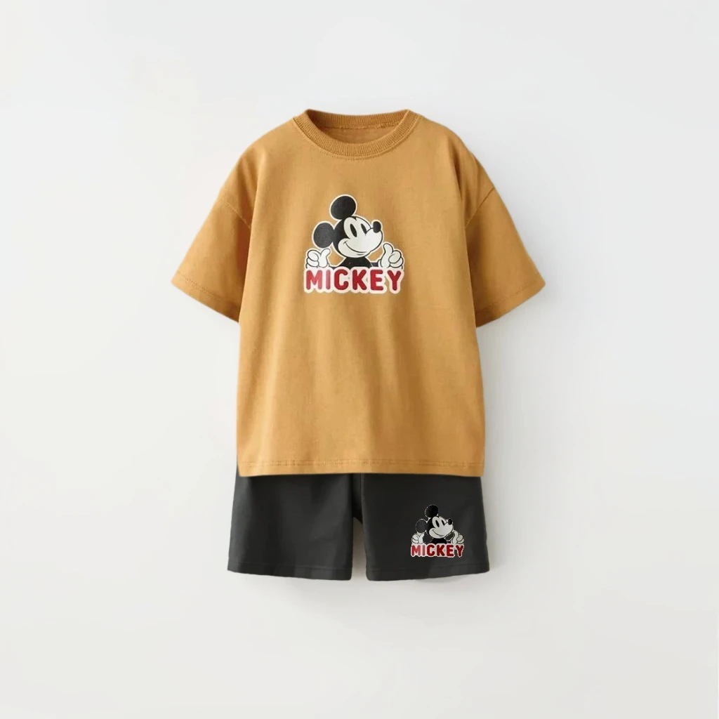 Disney Summer New Style Boys' Short Sleeved Orange T-shirt Shorts Two-piece Set Children's Breathable Casual Outfits Kids Top 3