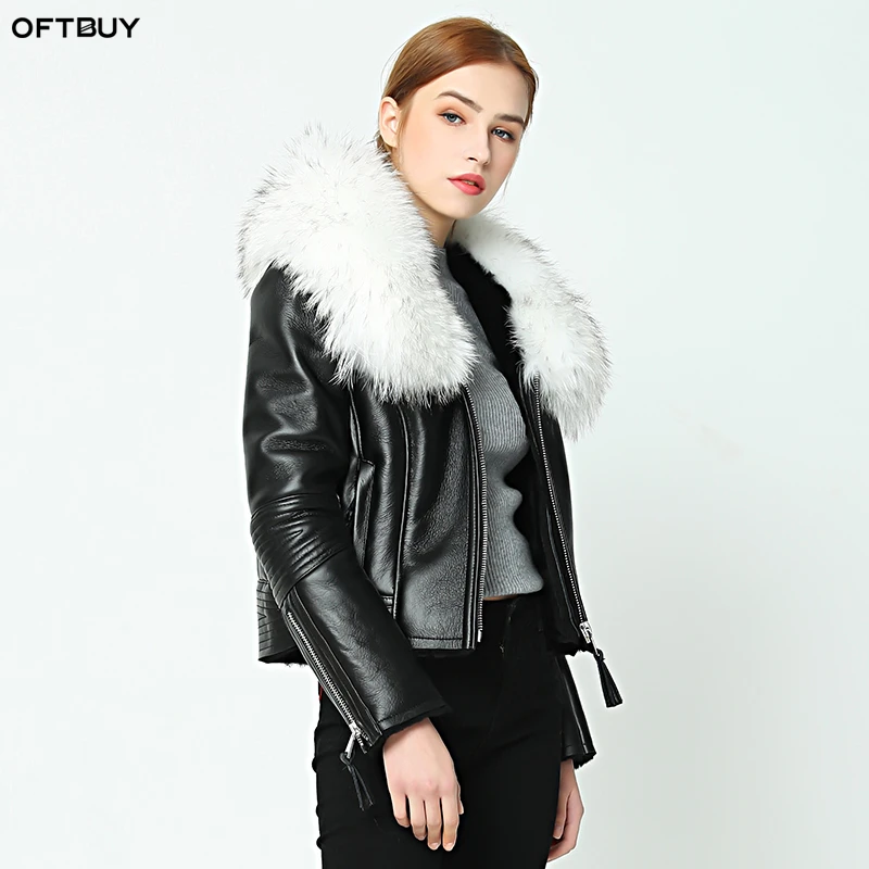 OFTBUY 2022 new Winter jacket coat women Real Sheep skin Leather jacket Double-faced Fur With Raccoon Dog Fur Collar Wool Liner