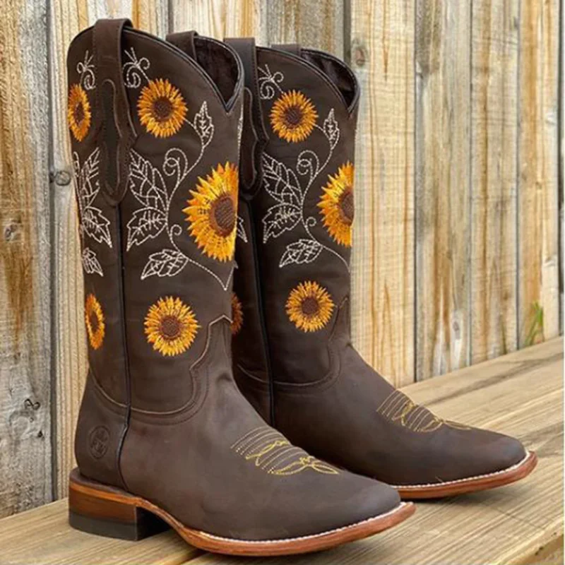 Winter Women Fashion Boots Outdoor Comfort Walking Shoes Embroidery Brown Leather Boots Deep High Tube Female Casual Shoe Botas - 2
