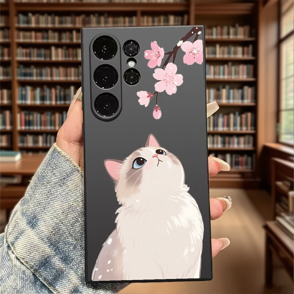 Katzen- und Kirschblüten-Handyhülle für Samsung Galaxy S25 S24 Ultra S23 S22 S21 S20 FE Plus, weiche TPU-Schutzhülle
