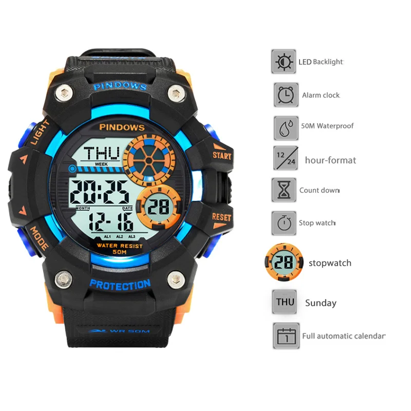 Waterproof Electronic Watch Men Large Dial Black Mutifunctions Diver Digital Wristwatch Boy Stopwatch Original Male Hand Clock