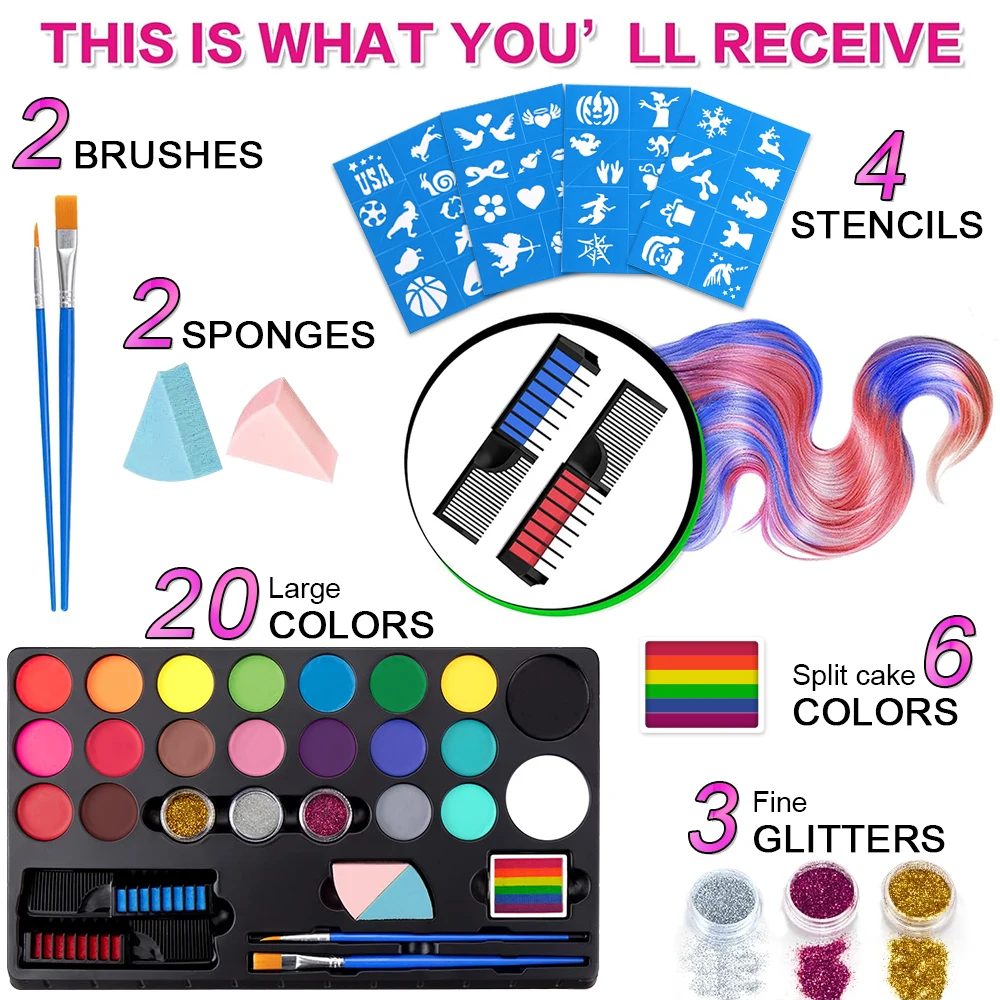 Face Body Painting palette Kit with 20 Colors Disposable Hair Dye，Eyeshadow Glitter Safe and Easy to Use Body Art Set For Adults 2