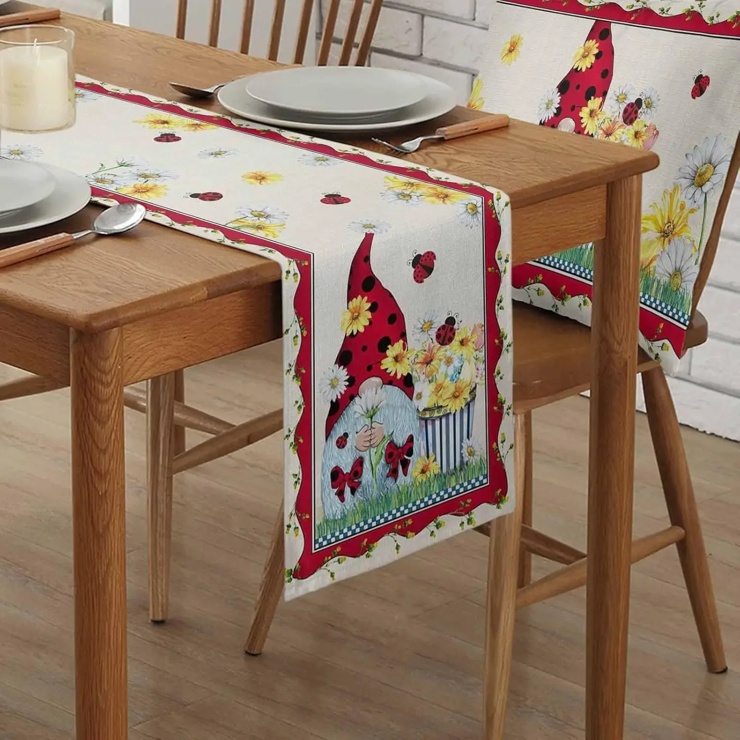 Spring Gnome Ladybird Flowers Linen Table Runner Dresser Scarves Table Decor Farmhouse Kitchen Dining Table Runner Party Decor 2