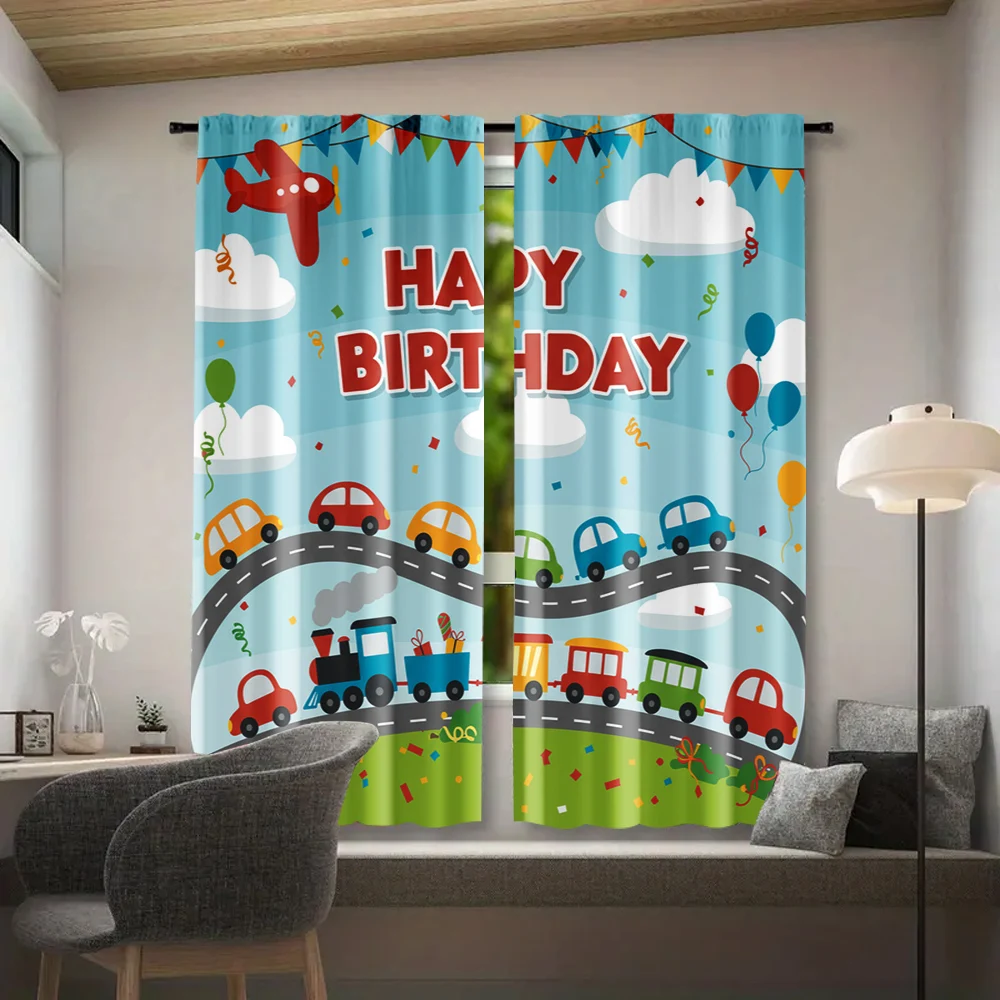 2pcs, Curtain Cartoon car train colorful Versatile Polyester,Without Electricity Birthday Party Perfect for Classroom decoration 2