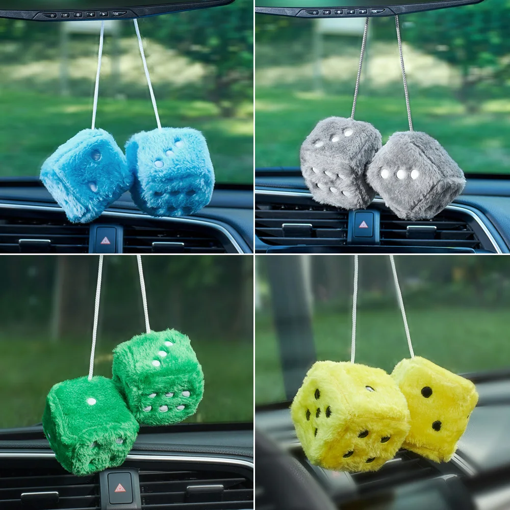 Auto Pendants Fuzzy Plush Dice Dots Rear View Mirror Hanger Cube Decoration  Car Styling Accessories Ornament 1 Pair