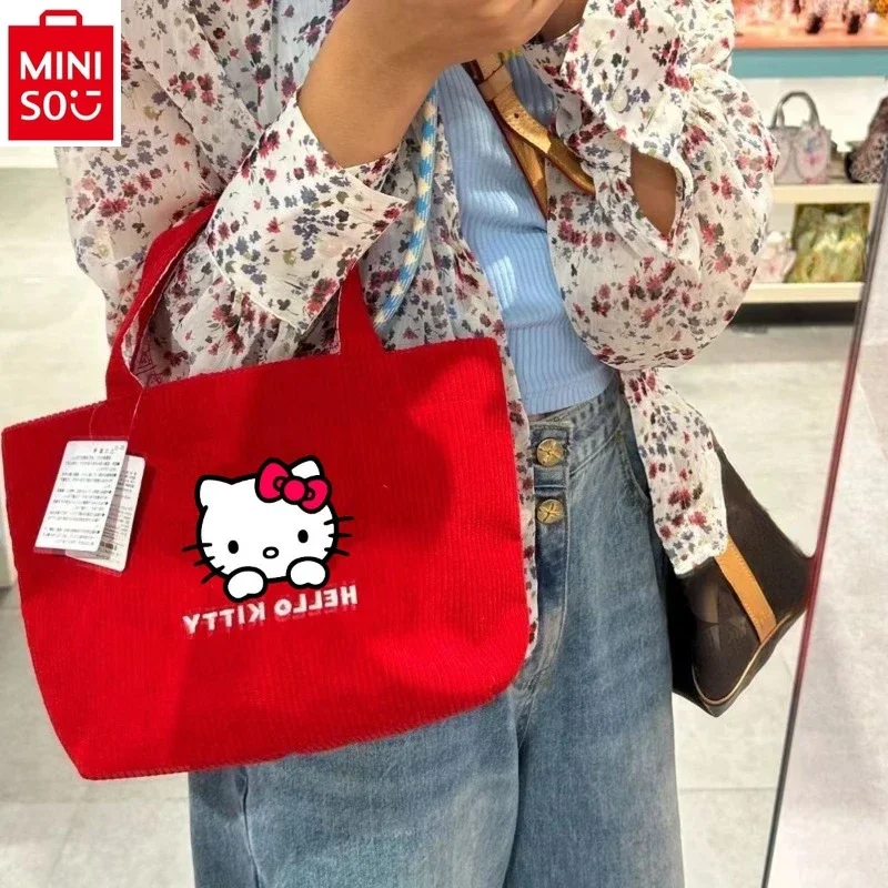 MINISO Sanrio Cartoon Hello Kitty Corduroy Cute Printed Handbag for Students Fashion and Casual Large Capacity Storage Bag