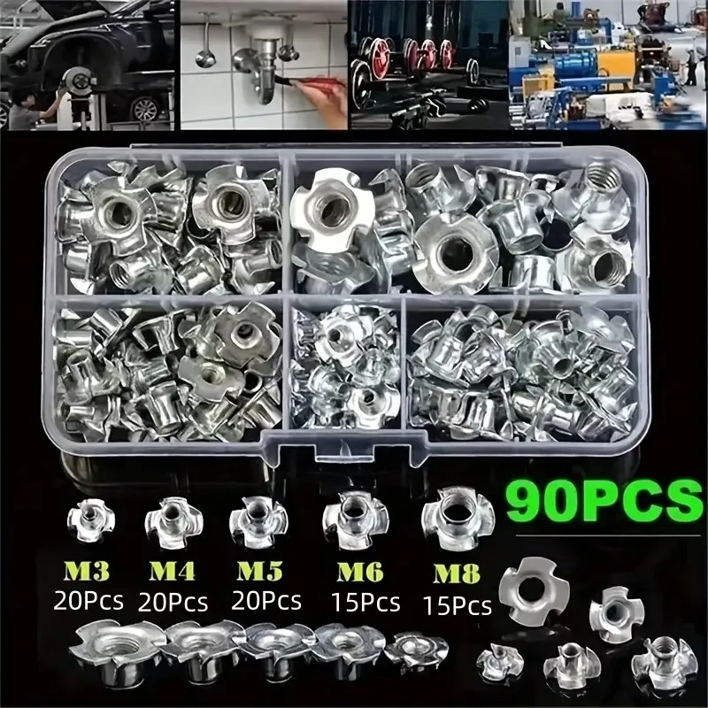 

90/150 PCS Zinc Plated Zinc Plated Four Claws Nut Speaker Nut T-nut Blind Pronged Tee Nut Furniture Hardware Gadgets