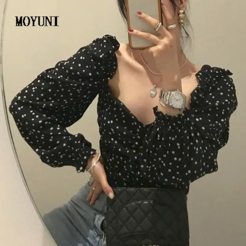 Autumn Casual Sweet Elegant Party Blouse Long Sleeve France Vintage Blouse Women Dot Print Korean Fashion Designer Clothing 2021 sweater love designer knitted v neck cardigan autumn and winter single breasted sweater jacket men and women loose