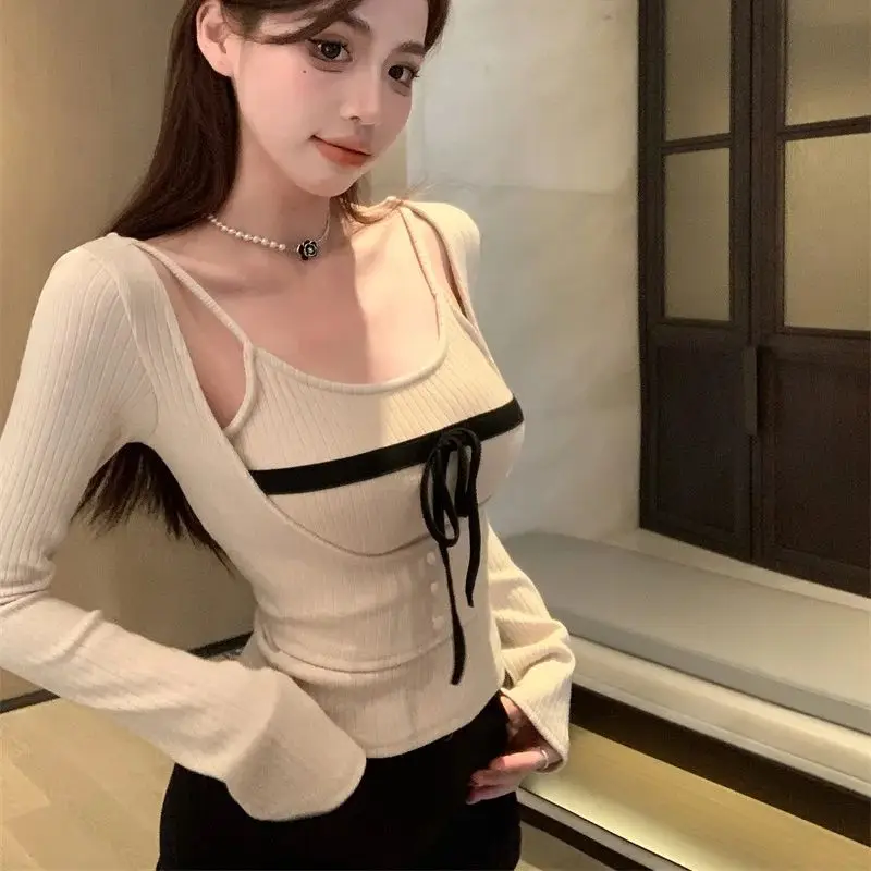 

Hsa Tight girly Spring Skinny Shirts pure lust temperament suspender long-sleeved two-piece knitted inner top
