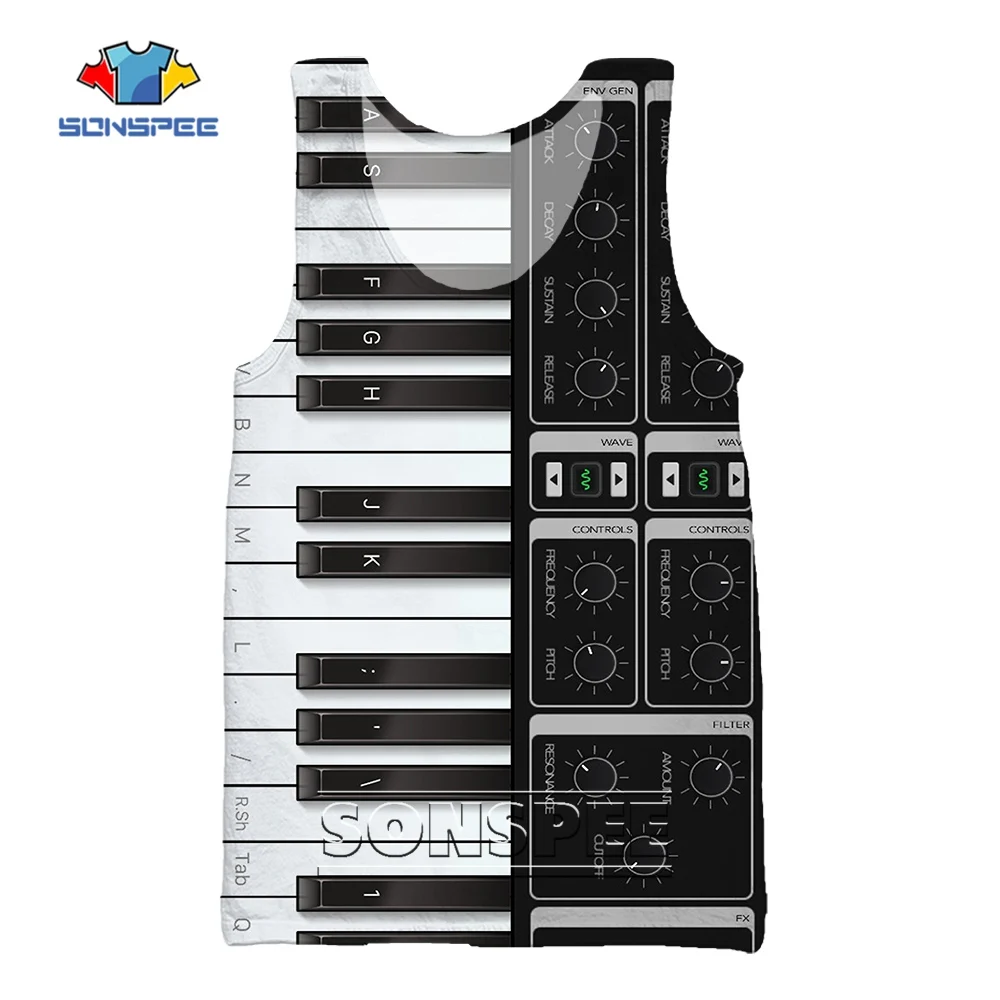 

SONSPEE Electronic Piano Pattern 3D Printing Hip Hop Tank Top Music Notes Summer Cool Sports Sleeveless Beach Oversized Vest