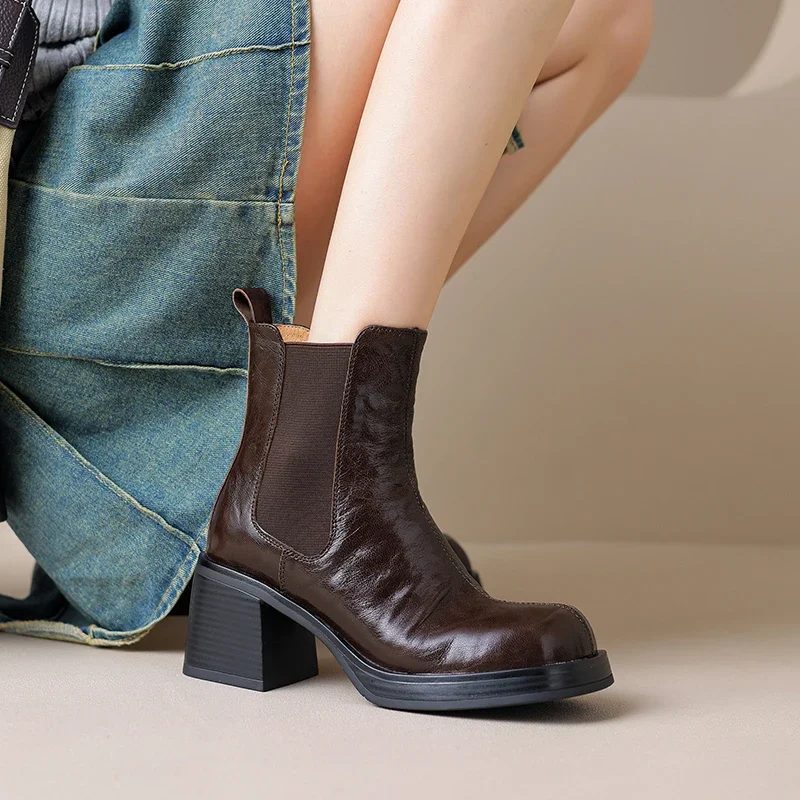 Modern Ladies Shoes Chelsea Boots Women Classic Warm Winter Ankle Boots Concise Sheep Leather Boots for Autumn Thick High Heels