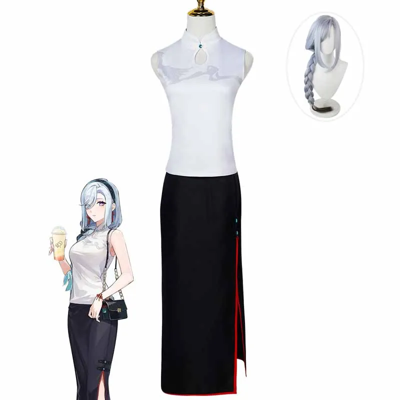 

Anime Genshin Impact Shenhe Heytea Branding Cosplay Costume Adult Women Slim Fitting Uniform Wig Halloween Carnival Party Outfit