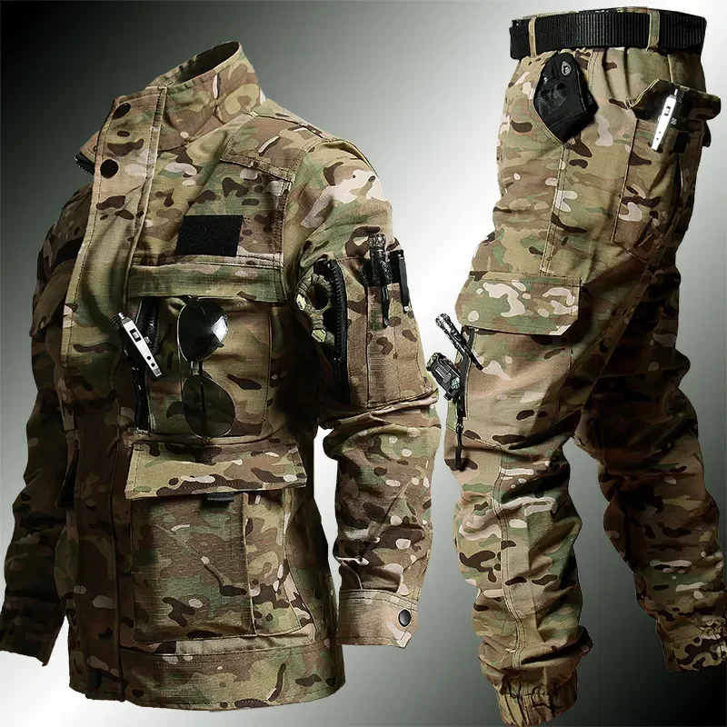 Men Tactical Uniform Workwear Sets Multi-pocket Jacket Overalls  Jogger 2Pcs  Trainingmilitary training instructor suit