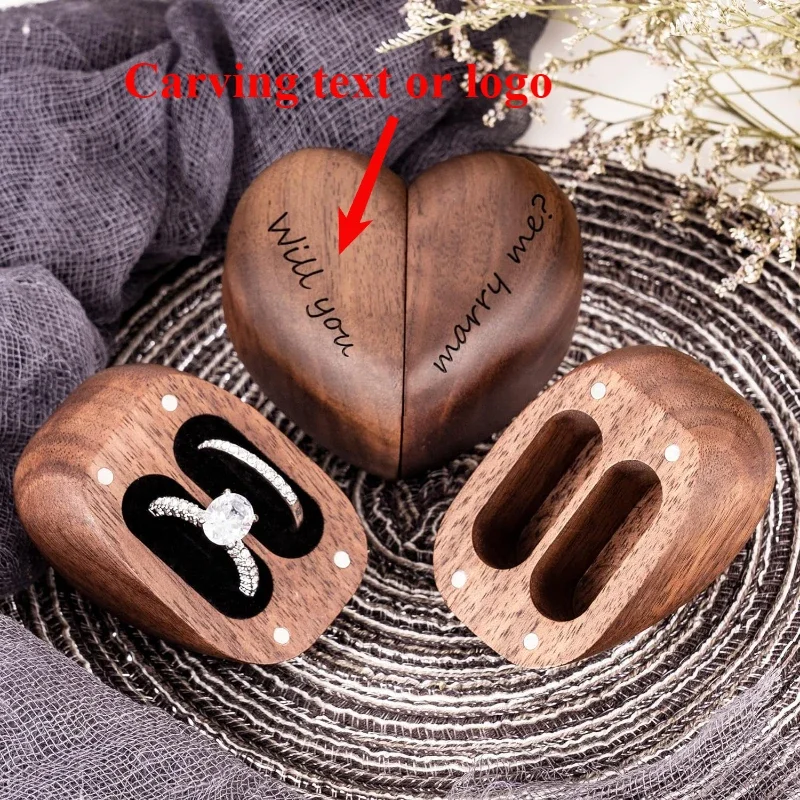 Engraved Walnut Wood Heart-Shaped Double Ring Box for Wedding/Anniversary Gifts Jewelry Organizer 2